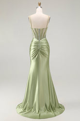 Grünes Meerjungfrauen Korsett Gerafftes Satin Ballkleid mit Schlitz